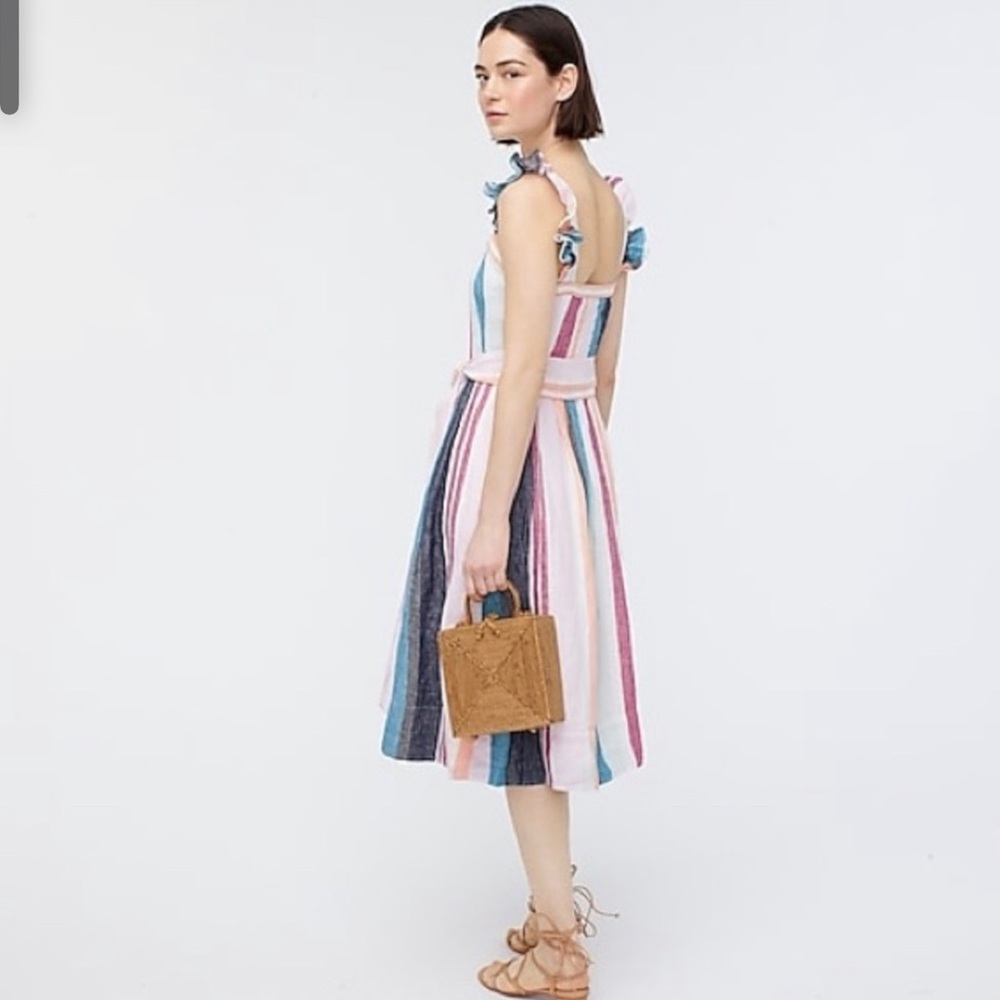 J. Crew Button Front Midi Dress Mixed Multicolor Stripe Linen AK255 NWT 00 - Picture 4 of 8